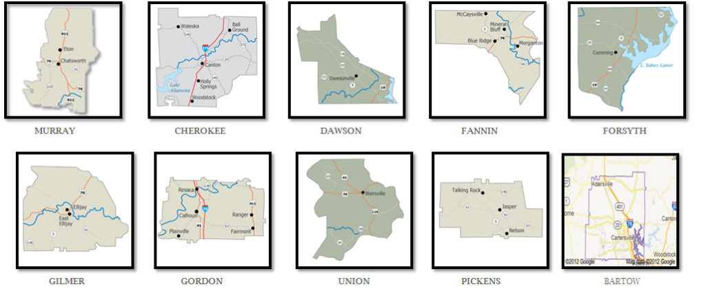 This is an image of maps of our service areas for Murray County, Cherokee County, Dawson County, Fannin County, Forsyth County, Gilmer County, Gordon County, Union County, Pickens County, Bartow County