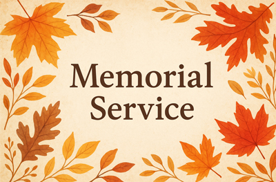 graphic with autum leaves that reads Memorial Service